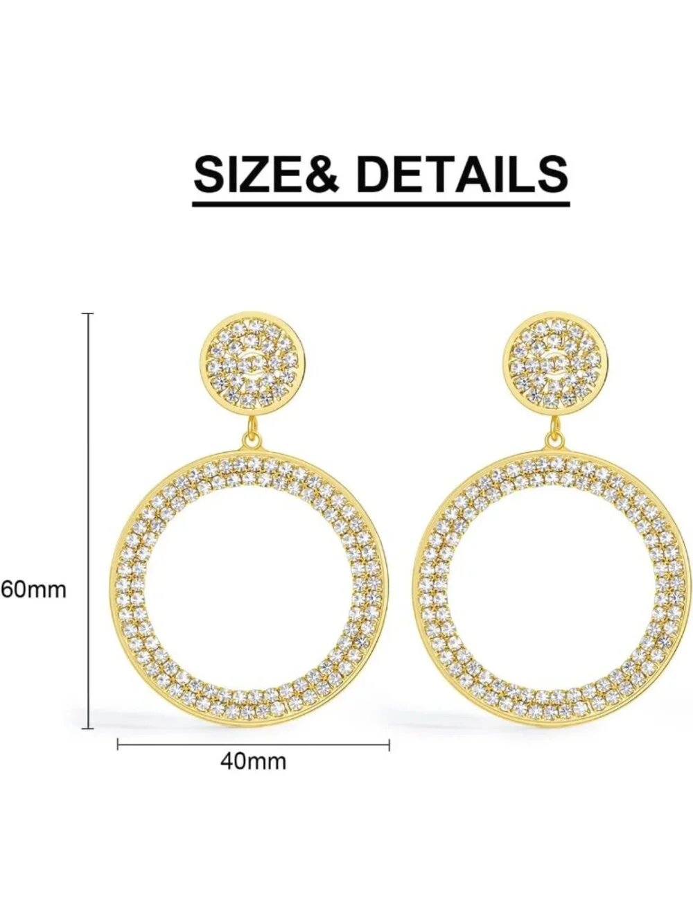 Elegant Gold Plated Circle Drop Earrings with Pavé Crystal Rhinestones, 60mm